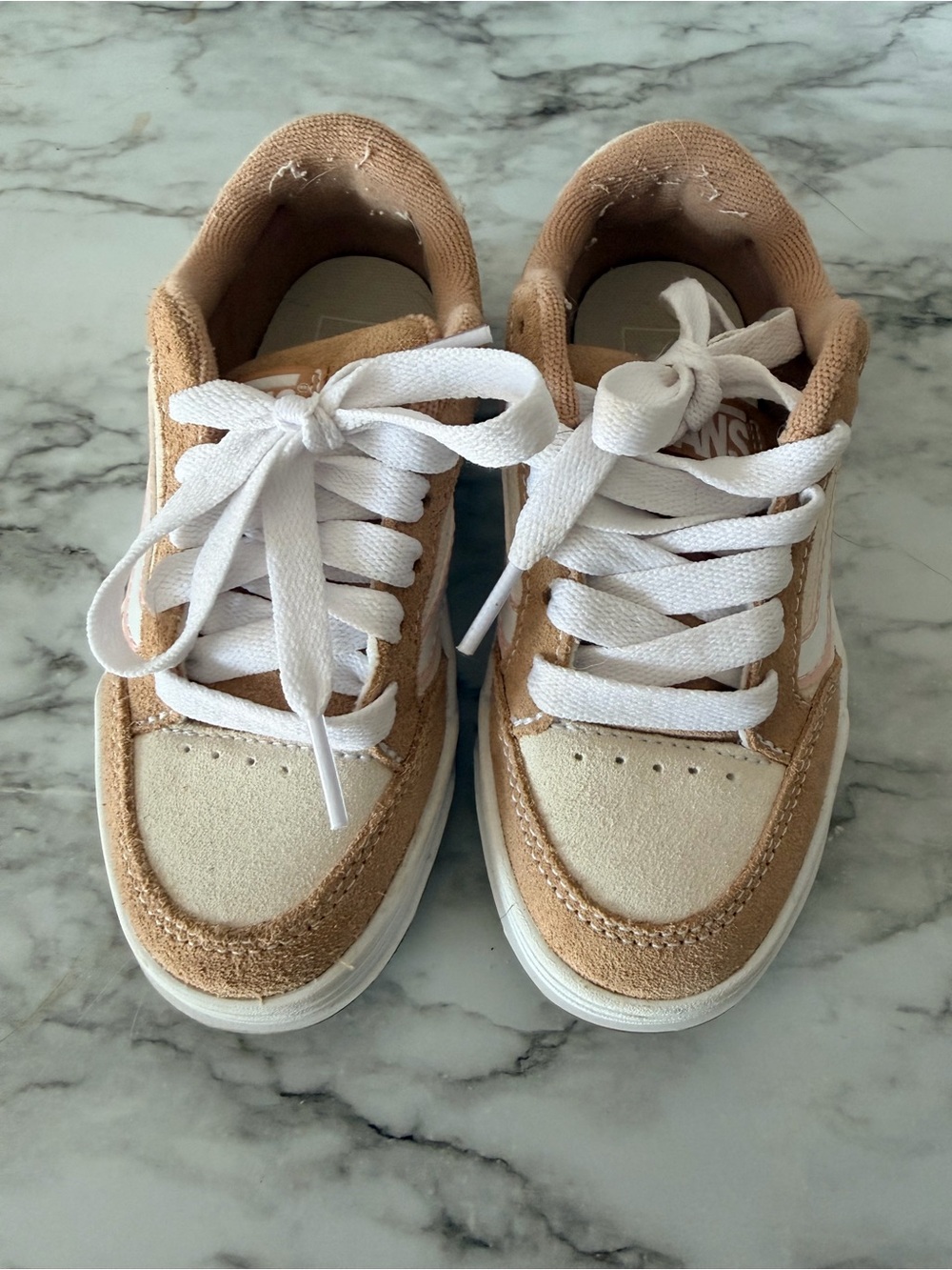 Vans Kids Tan Suede Sneakers with Pink Stripe and White Laces - Picture 3 of 5